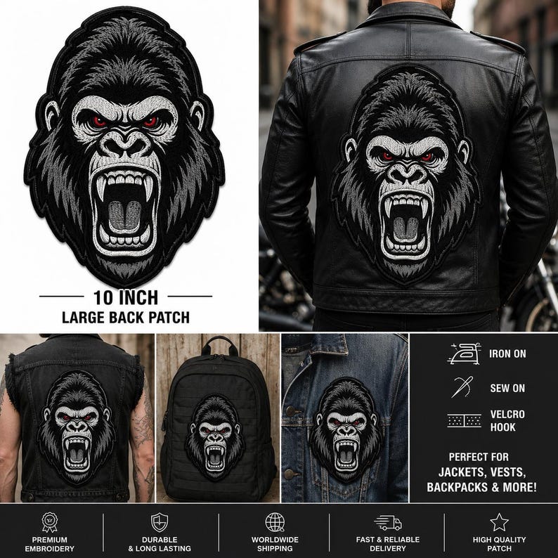 May include: A large embroidered patch featuring a detailed black and white gorilla head with intense red eyes and an open mouth showing teeth. The patch is labeled as 10 inches in size and is shown applied to the back of a black leather jacket.