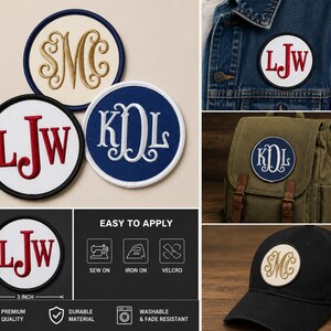 May include: Circular embroidered monogram patches featuring letters like SMC, LJW, and KDL in various color combinations. The patches are 3 inches in diameter and can be applied via sewing, ironing, or Velcro. They are shown attached to a denim jacket, a backpack, and a black baseball cap.