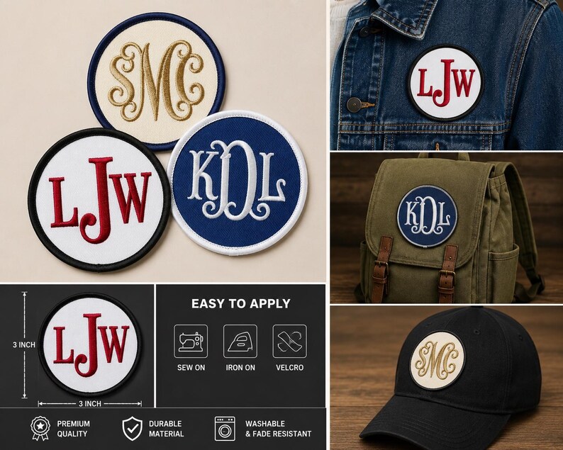 May include: Circular embroidered monogram patches featuring letters like SMC, LJW, and KDL in various color combinations. The patches are 3 inches in diameter and can be applied via sewing, ironing, or Velcro. They are shown attached to a denim jacket, a backpack, and a black baseball cap.