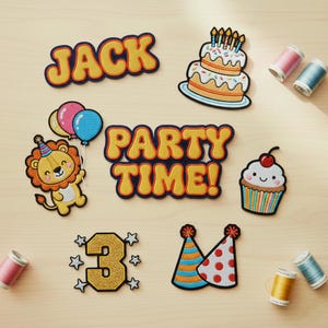 May include: A collection of colorful embroidered patches with a birthday theme. Includes patches with the name "JACK", a cake, balloons, a lion, the words "PARTY TIME!", a cupcake, the number "3", and party hats.