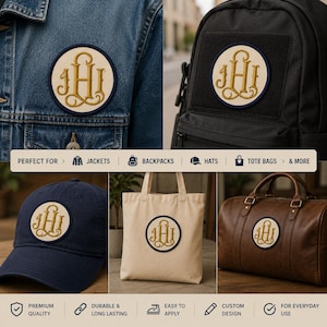 May include: A circular embroidered patch featuring a gold monogram of the letters JHI on a cream background with a dark blue border. The patch is shown applied to a blue denim jacket, a black backpack, a navy baseball cap, a tote bag, and a bag.