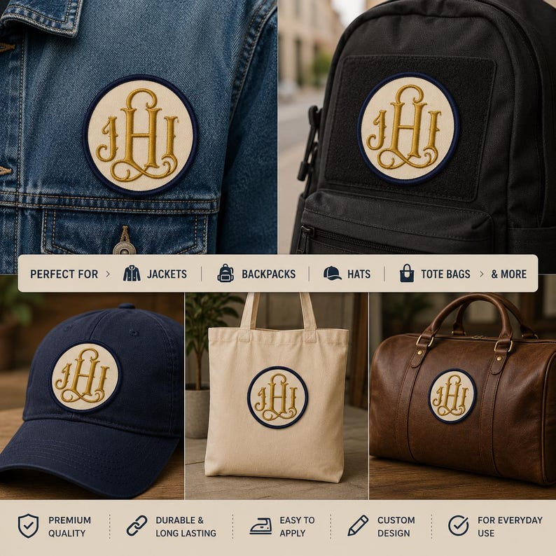 May include: A circular embroidered patch featuring a gold monogram of the letters JHI on a cream background with a dark blue border. The patch is shown applied to a blue denim jacket, a black backpack, a navy baseball cap, a tote bag, and a bag.