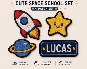 Cute Space School Patch Set, Personalized Name Patch, Rocket Star Planet Patches, Back to School Backpack Badge
