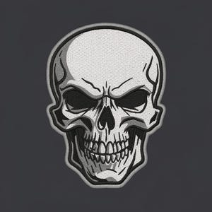 May include: Embroidered patch featuring a detailed skull design. The skull is white with black shading and outlines, giving it a three-dimensional appearance. The patch has a gray border and is set against a dark gray background.