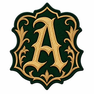 Gotische letter A geborduurd embleem, groen met gouden rand, kerstcadeau voor meisjes en jongens, gepersonaliseerd jasje embleem