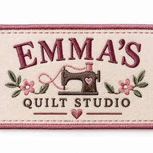 May include: A rectangular embroidered patch with a cream-coloured fabric base and a dark pink stitched border. The text EMMA'S QUILT STUDIO is embroidered in dark brown. A brown sewing machine icon with pink thread and floral accents is centred.