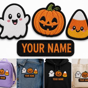 Personalized Halloween Patch Set with Custom Name | Cute Ghost Pumpkin Candy Corn Embroidered Patch