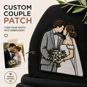 May include: A black beanie featuring a custom embroidered patch of a couple in wedding attire. The patch depicts a person in a grey suit and a person in a white dress holding a bouquet. Text on the beanie reads CUSTOM COUPLE PATCH.