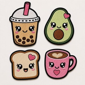 May include: Four embroidered patches featuring cute food characters with smiling faces. The set includes a tan boba tea with a pink straw, a green avocado half with a small heart, a slice of toast with a heart, and a pink coffee mug with a heart.