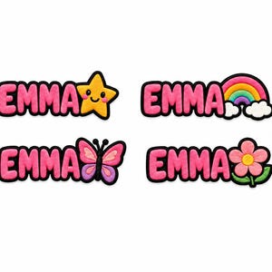 Peut inclure: Quatre écussons brodés affichant le nom EMMA en lettres roses épaisses avec un contour noir. Chaque écusson comprend une icône colorée différente : une étoile jaune souriante, un arc-en-ciel avec des nuages blancs, un papillon rose et violet, et une fleur rose.