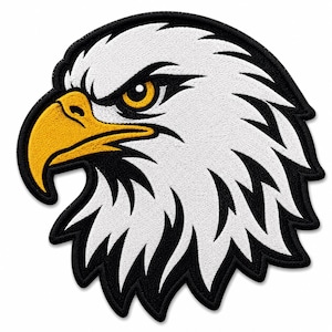 May include: An embroidered patch featuring the head of a bald eagle in profile. The eagle has white feathers, a bright yellow hooked beak, and a piercing yellow eye with black outlines. The entire design is bordered by a thick black stitched edge.