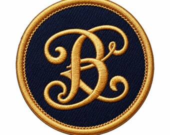 Elegante toppa ricamata in oro - Monogramma rotondo blu navy da applicare con ferro da stiro