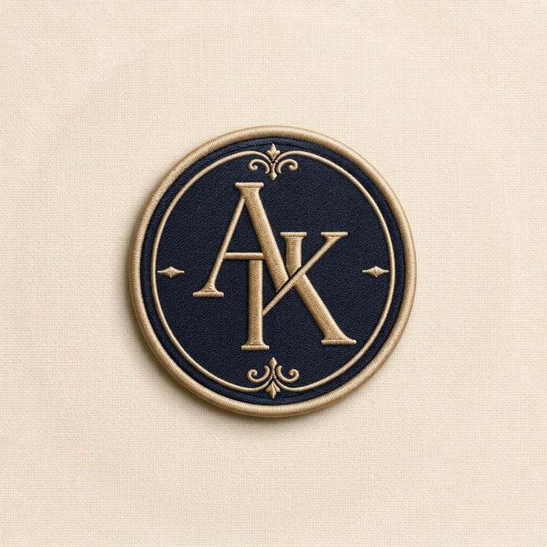 May include: A circular embroidered patch featuring a dark navy blue center with the gold-colored letters AK intertwined in the middle. The patch is framed by a gold border and includes small decorative gold flourishes at the top and bottom.