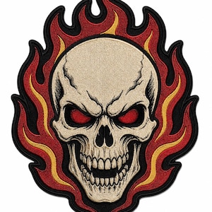 Flaming Skull Large Back Patch, Skull Biker Patch, Embroidered Motorcycle Back Patch, Gothic Flame Jacket Patch, 10 Inch Patch