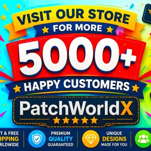 K&ouml;nnte beinhalten: Eine Werbegrafik mit dem Text VISIT OUR STORE FOR MORE 5000+ HAPPY CUSTOMERS und PatchWorldX mit f&uuml;nf Sternen. Das Bild zeigt verschiedene gestickte Aufn&auml;her, darunter Berge, einen Pfotenabdruck, einen Kompass und eine amerikanische Flagge.