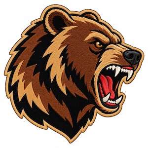 Pode incluir: Um emblema bordado com a cabeça de um urso castanho a rosnar, visto de perfil. O urso tem pelo texturizado em tons de castanho e preto, uma boca aberta com dentes brancos visíveis, uma língua vermelha e um nariz preto, contornado a bege.