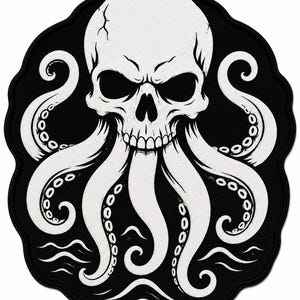 May include: A black and white embroidered patch featuring a central human skull with multiple octopus tentacles extending downwards. The design includes stylized wave patterns at the bottom and is enclosed within a scalloped-edge border.