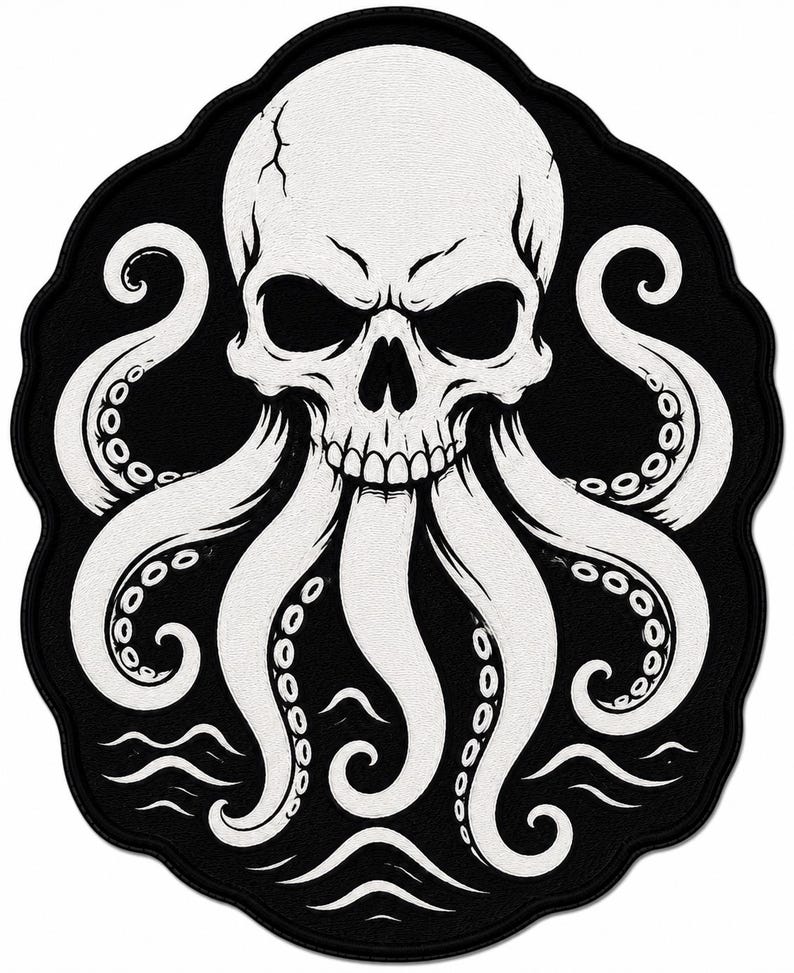 May include: A black and white embroidered patch featuring a central human skull with multiple octopus tentacles extending downwards. The design includes stylized wave patterns at the bottom and is enclosed within a scalloped-edge border.