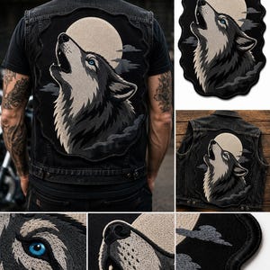 Peut inclure: Un gilet en jean noir avec un grand &eacute;cusson brod&eacute; au dos. L'&eacute;cusson repr&eacute;sente un loup gris et noir hurlant &agrave; la pleine lune avec des yeux bleu vif, sur un fond sombre avec des nuages stylis&eacute;s et une bordure festonn&eacute;e sur tout le contour.