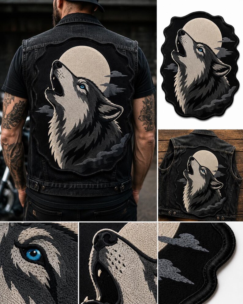 Peut inclure: Un gilet en jean noir avec un grand &eacute;cusson brod&eacute; au dos. L'&eacute;cusson repr&eacute;sente un loup gris et noir hurlant &agrave; la pleine lune avec des yeux bleu vif, sur un fond sombre avec des nuages stylis&eacute;s et une bordure festonn&eacute;e sur tout le contour.