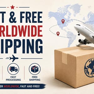 May include: A brown cardboard shipping box with a blue globe and airplane icon printed on the side. Above the box, a white airplane flies over a light blue world map with red location pins. Text reads FAST & FREE WORLDWIDE SHIPPING.
