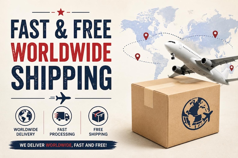 May include: A brown cardboard shipping box with a blue globe and airplane icon printed on the side. Above the box, a white airplane flies over a light blue world map with red location pins. Text reads FAST & FREE WORLDWIDE SHIPPING.