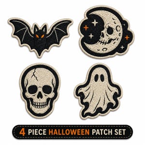May include: A four-piece embroidered patch set featuring a black bat with orange eyes, a crescent moon with a skull face and stars, a human skull, and a white ghost. The set includes a black rectangular label with the text 4 PIECE HALLOWEEN PATCH SET.