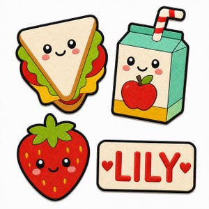 May include: A set of four embroidered patches featuring a smiling sandwich, a juice box with a red apple graphic and striped straw, a red strawberry with a green stem, and a rectangular patch with the name LILY flanked by two red hearts.