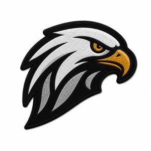 May include: An embroidered patch featuring the profile of a bald eagle head. The design uses white and grey thread for the feathers, a bright yellow for the hooked beak, and a deep orange for the eye, all outlined with a thick black border.