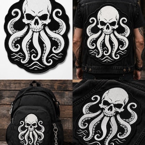 May include: A large, black and white embroidered patch featuring a detailed skull with octopus tentacles extending downwards over stylized waves. The design is circular with a scalloped edge, showcasing high-contrast thread work.
