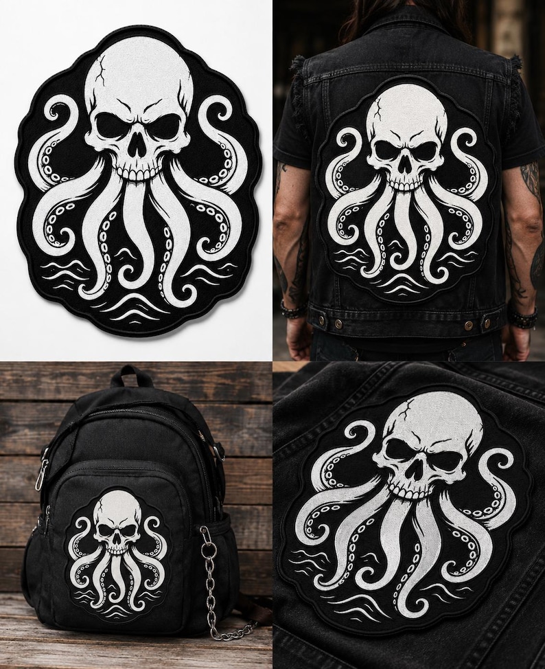 May include: A large, black and white embroidered patch featuring a detailed skull with octopus tentacles extending downwards over stylized waves. The design is circular with a scalloped edge, showcasing high-contrast thread work.