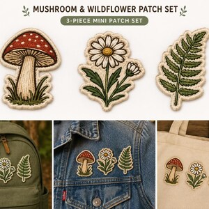 May include: A 3-piece mini patch set featuring embroidered designs of a red and white mushroom, a white daisy with green leaves, and a green fern leaf. The patches are shown applied to an olive green backpack, a blue denim jacket, and a canvas tote bag.