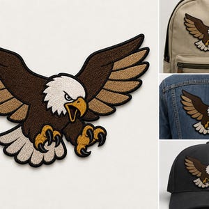 May include: An embroidered patch featuring a bald eagle in flight with wings spread wide. The eagle has a white head, dark brown wings with tan accents, a yellow beak, and yellow talons. The patch is shown applied to a backpack, a denim jacket, and a cap.