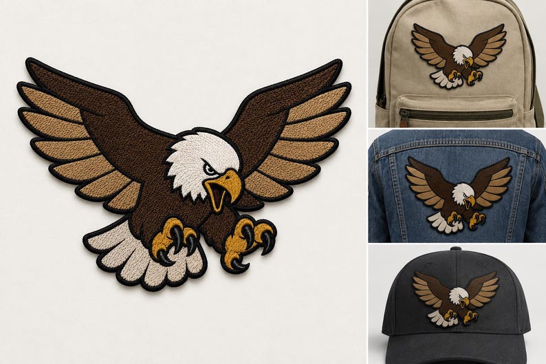 May include: An embroidered patch featuring a bald eagle in flight with wings spread wide. The eagle has a white head, dark brown wings with tan accents, a yellow beak, and yellow talons. The patch is shown applied to a backpack, a denim jacket, and a cap.