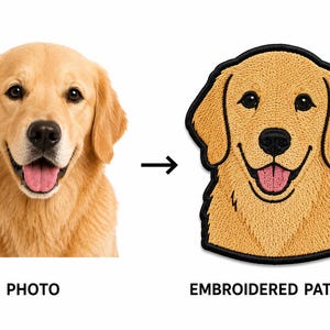 Pode incluir: Uma comparação lado a lado mostrando uma fotografia de um cão golden retriever à esquerda e um emblema bordado correspondente do mesmo cão à direita. O emblema apresenta fio dourado, uma borda preta e uma língua cor-de-rosa.