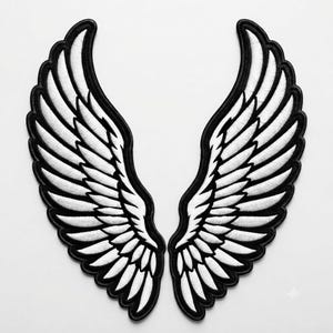 May include: A pair of embroidered patches shaped like large bird wings. Each wing features white feathers with thick black outlines and a solid black border, creating a high-contrast design that mirrors the other in a symmetrical arrangement.