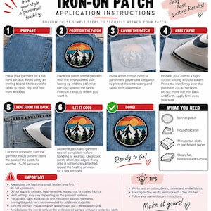 Op de afbeelding: Een instructieve infographic voor het aanbrengen van een strijkpatch, bestaande uit zes genummerde stappen met tekst en afbeeldingen. Het toont een ronde patch met een berglandschap op denim, bedekt met een doek en gestreken met een strijkijzer.