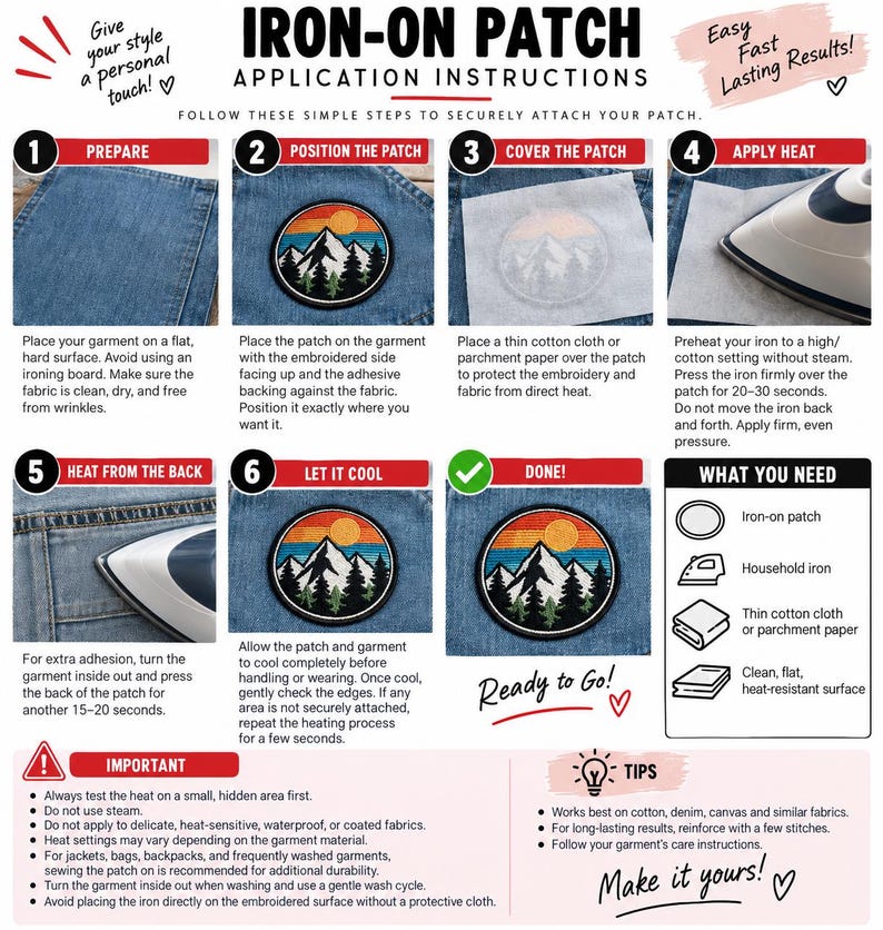 Op de afbeelding: Een instructieve infographic voor het aanbrengen van een strijkpatch, bestaande uit zes genummerde stappen met tekst en afbeeldingen. Het toont een ronde patch met een berglandschap op denim, bedekt met een doek en gestreken met een strijkijzer.