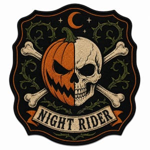 May include: A black embroidered patch featuring a split design of an orange jack-o'-lantern and a beige human skull. Behind the central figure are two crossed bones and green thorny vines. Above is a crescent moon, and below is a banner with the text NIGHT RIDER.