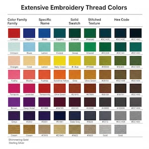 Pu&ograve; includere: Una tabella colori intitolata Extensive Embroidery Thread Colors, che presenta una griglia di righe e colonne con varie tonalit&agrave; di filo, campioni solidi, texture ricamate e codici esadecimali corrispondenti per colori come cremisi, zaffiro, smeraldo e oro.