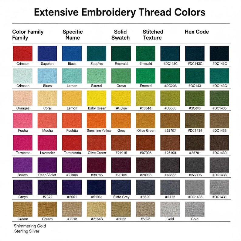 Pu&ograve; includere: Una tabella colori intitolata Extensive Embroidery Thread Colors, che presenta una griglia di righe e colonne con varie tonalit&agrave; di filo, campioni solidi, texture ricamate e codici esadecimali corrispondenti per colori come cremisi, zaffiro, smeraldo e oro.