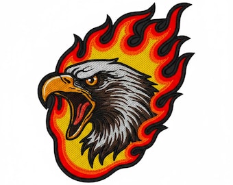 Broderad lapp med flammande örn, Angry Bird-märke på bikerjacka, stryk-på-applikation