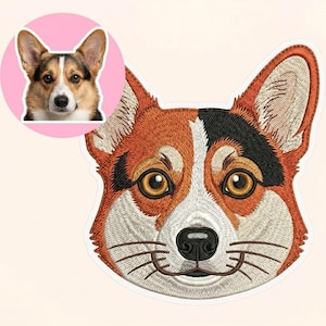 May include: Embroidered patch of a corgi dog's face, with brown, white, and black fur. The patch has a white border and a realistic design. A smaller image of the corgi is in the upper left corner.