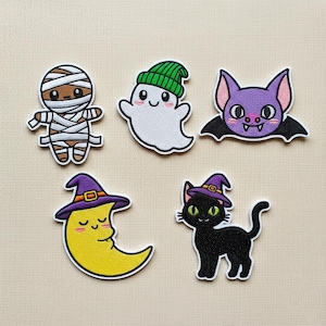 Kawaii Halloween Patch Set: Embroidered Ghost, Mummy, Witch Cat
