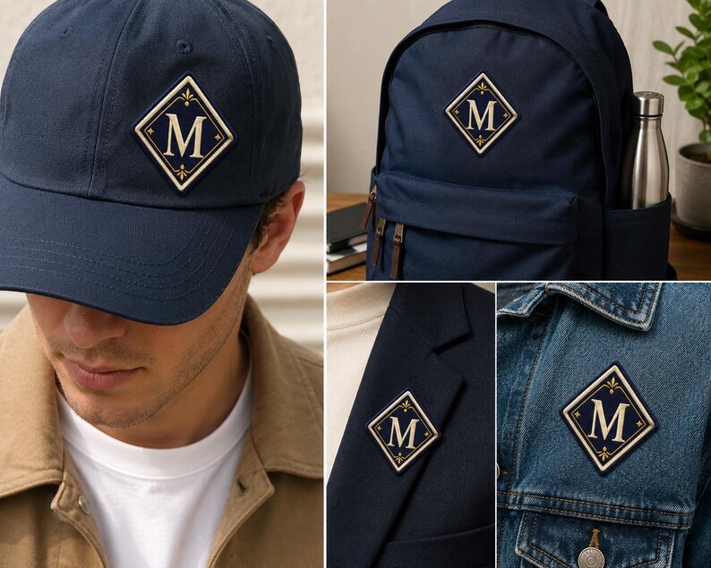 May include: A navy blue baseball cap, a navy blue backpack, a navy blue blazer, and a blue denim jacket, each featuring a diamond-shaped patch with a cream-coloured border and a central letter M in a serif font, accented with small decorative flourishes.