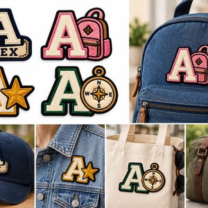 Puede incluir: Una colecci&oacute;n de parches bordados con la letra A que presentan varios dise&ntilde;os, incluyendo una cinta con el nombre ALEX, una mochila rosa, una estrella amarilla y una br&uacute;jula. Estos parches se muestran aplicados en una gorra azul, una chaqueta vaquera, una bolsa de tela y un bolso.