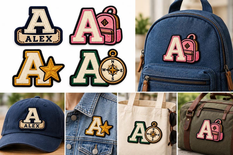 Puede incluir: Una colecci&oacute;n de parches bordados con la letra A que presentan varios dise&ntilde;os, incluyendo una cinta con el nombre ALEX, una mochila rosa, una estrella amarilla y una br&uacute;jula. Estos parches se muestran aplicados en una gorra azul, una chaqueta vaquera, una bolsa de tela y un bolso.