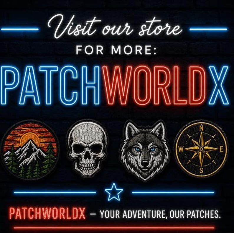 May include: Four circular embroidered patches featuring a mountain landscape at sunset, a human skull, a wolf head with blue eyes, and a gold compass rose. The text reads Visit our store FOR MORE: PATCHWORLDX and PATCHWORLDX - YOUR ADVENTURE, OUR PATCHES.