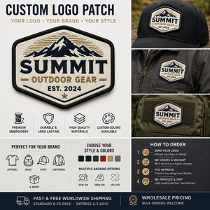 以下が含まれることがあります： 山岳のグラフィックと「SUMMIT OUTDOOR GEAR EST. 2024」の文字が刺繍された六角形のワッペン。白地にネイビー、クリーム、ゴールドの糸を使用し、黒い縁取りが施されています。帽子、ジャケット、バッグに装着された様子が示されています。