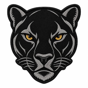 May include: An embroidered patch featuring the head of a black panther. The design uses black thread for the main features, with silver-grey stitching for the facial contours, whiskers, and ear details. The panther has piercing yellow eyes.